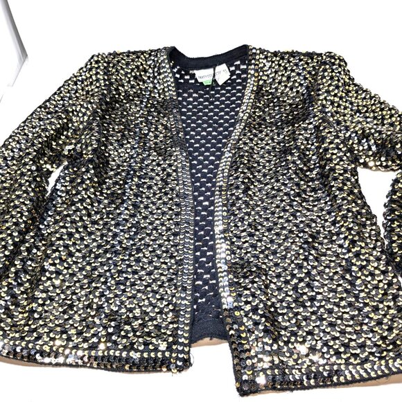 70s Sequin Crochet Cardigan Party Collectibles Size 10 Gold Silver Disco - Picture 8 of 16